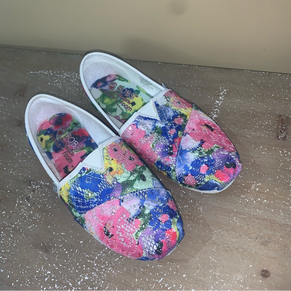Bobs Skechers Plush Bouquet Floral Sequins Memory Foam Slip-On Shoes - Picture 9 of 12